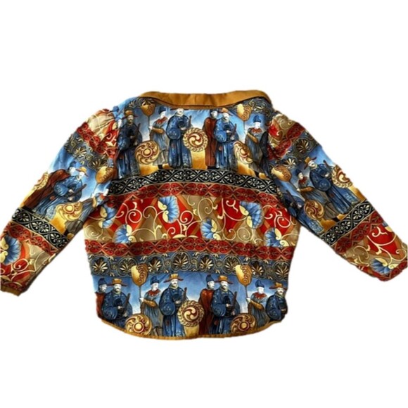Silk Blend Asian style Cropped Jacket Royal Blue Gold Figures Sz L - Picture 6 of 6